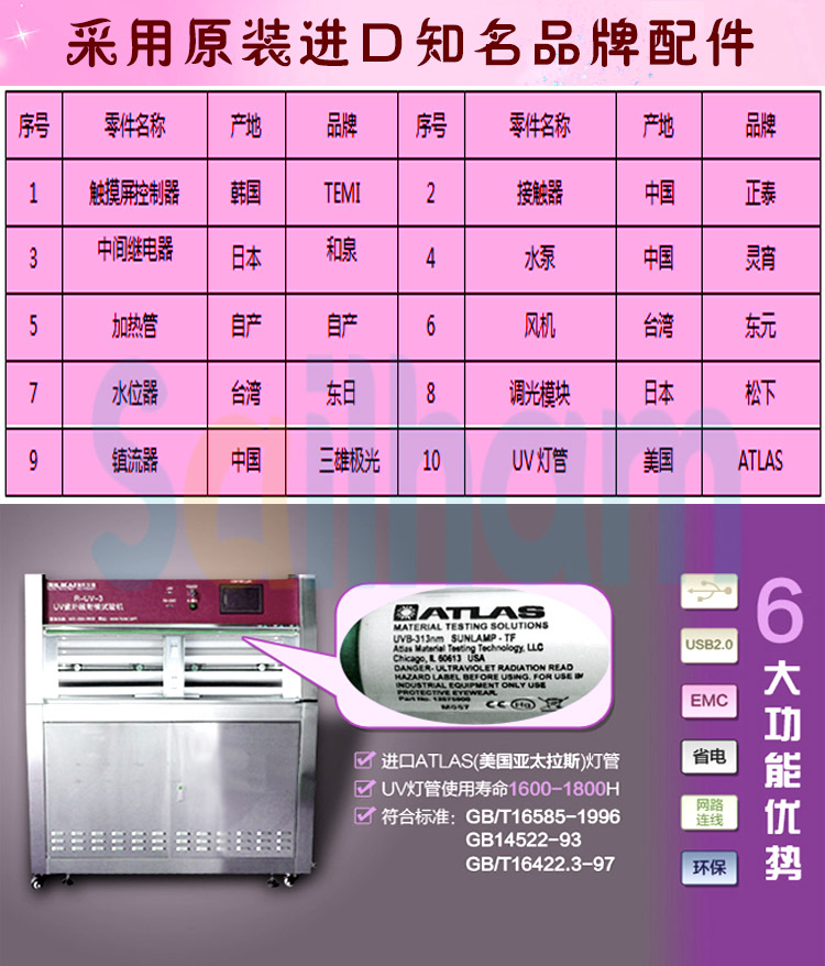 廂式紫外線老化測試干燥箱配件清單表